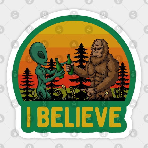 I Believe: Funny Conspiracy Theory Lovers - Bigfoot and Green Alien Sharing a Beer Sticker by TwistedCharm